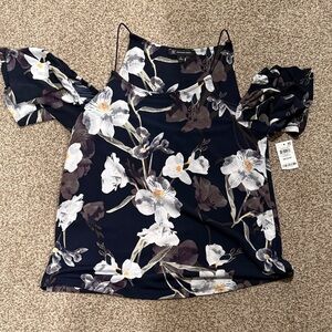 INC International Concepts Navy Floral Cold Shoulder Blouse